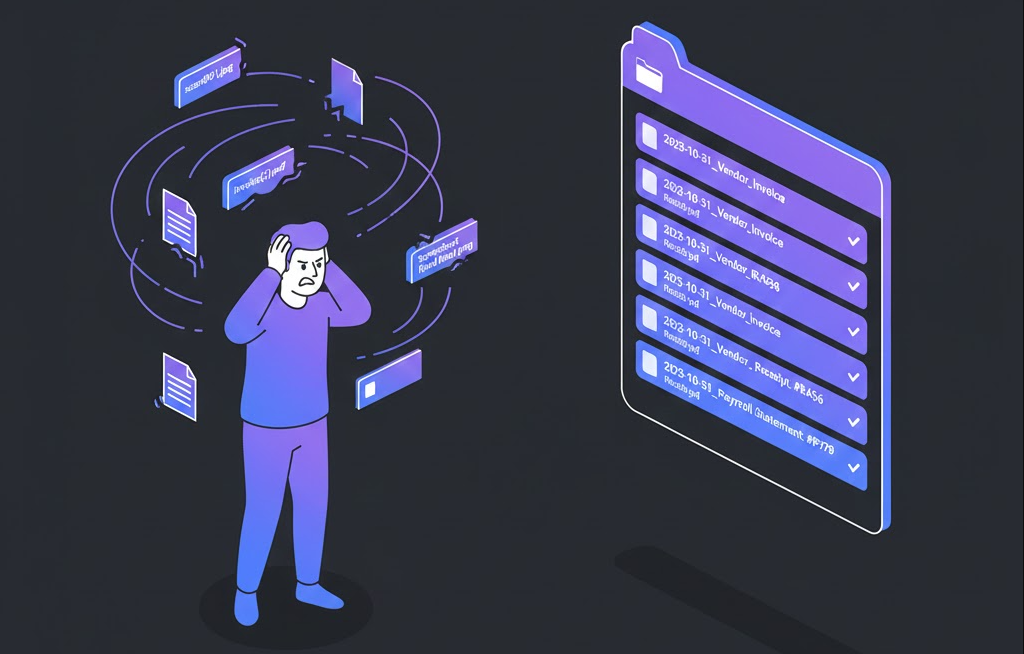 Bookkeeper using AI workflow to create standardized document naming conventions efficiently